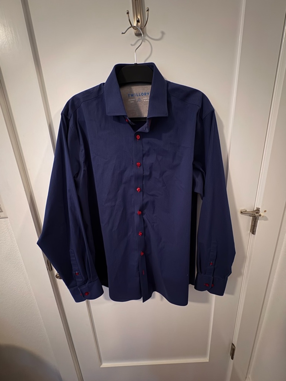 Twillory Trim Fit Navy Dress Shirt with Contrasting Red Buttons -
